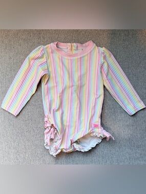 RuffleButts Rainbow Stripe Rash Guard Swimsuit Pastel Coquette Bows Onepiece Zip